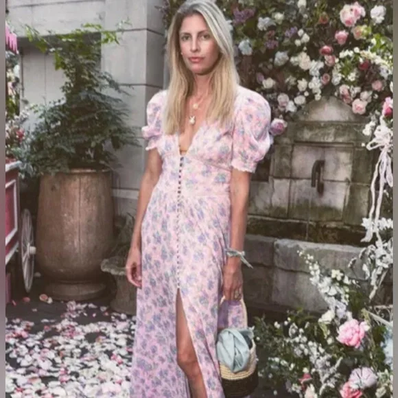 LoveShackFancy Floral Stacy Pink short sleeve Maxi Sz XS orig $475 - Picture 7 of 16